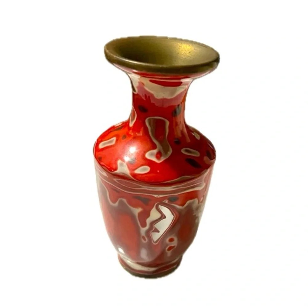 RARE RED WHITE SWIRLS CANTON ENAMEL WITH MOTHER OF PEARL INLAY VASE